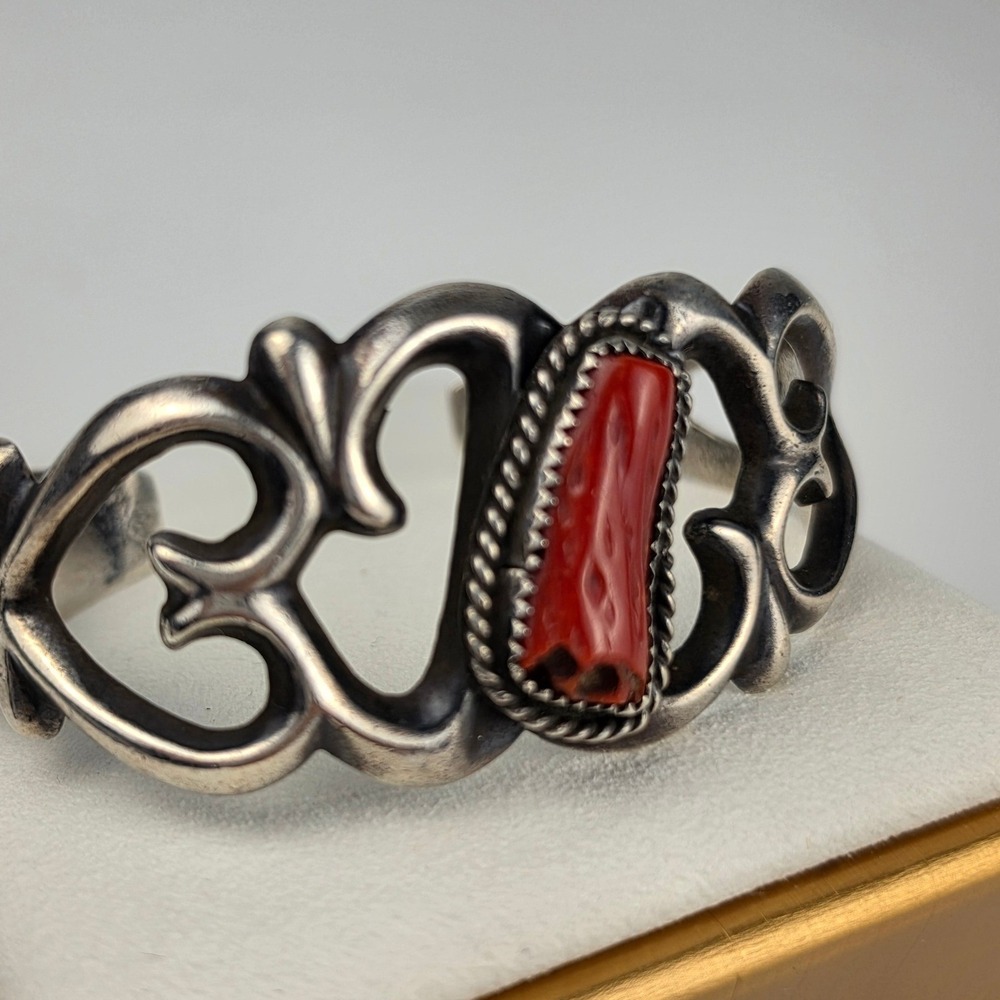 Vintage Sterling Silver Red Coral Branch Scroll Openwork Cuff Bracelet